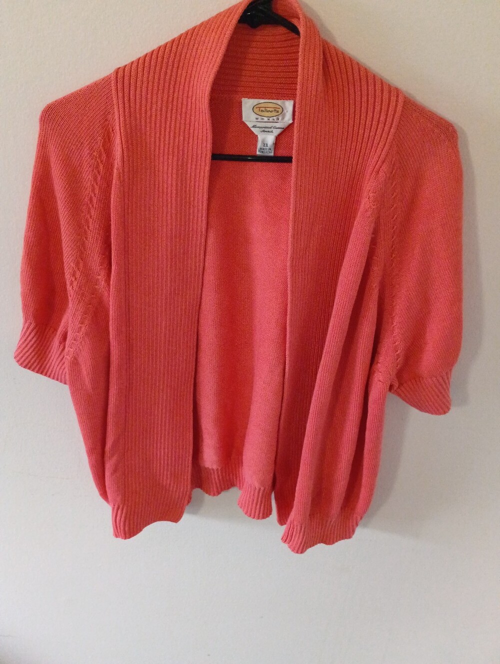 Talbots Coral-Orange Short-Sleeve Open Cardigan
